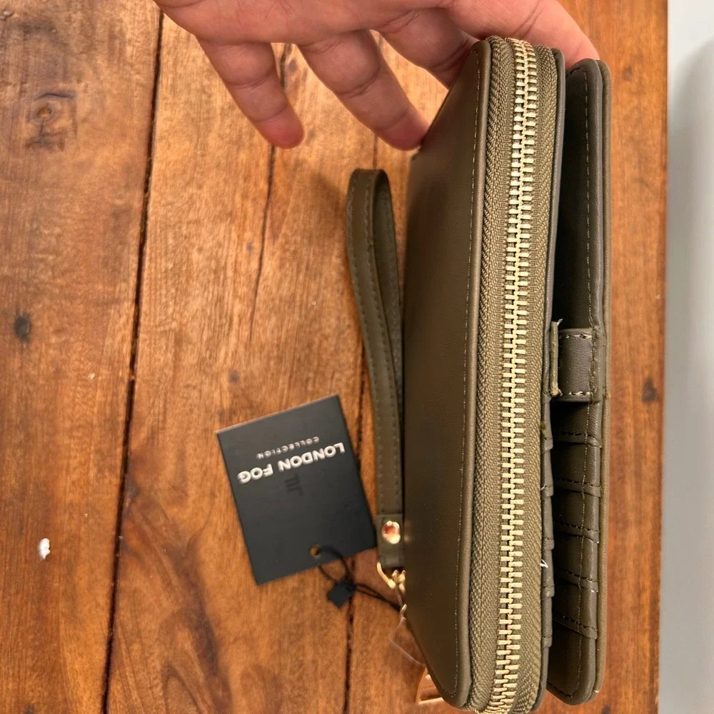 London Fog Collection Olive Green Wristlet Wallet Gold Tone Hardware NWT